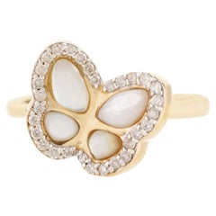 Bague papillon en nacre et diamants, cadeau d'amitié pour fille en or jaune 14 carats
