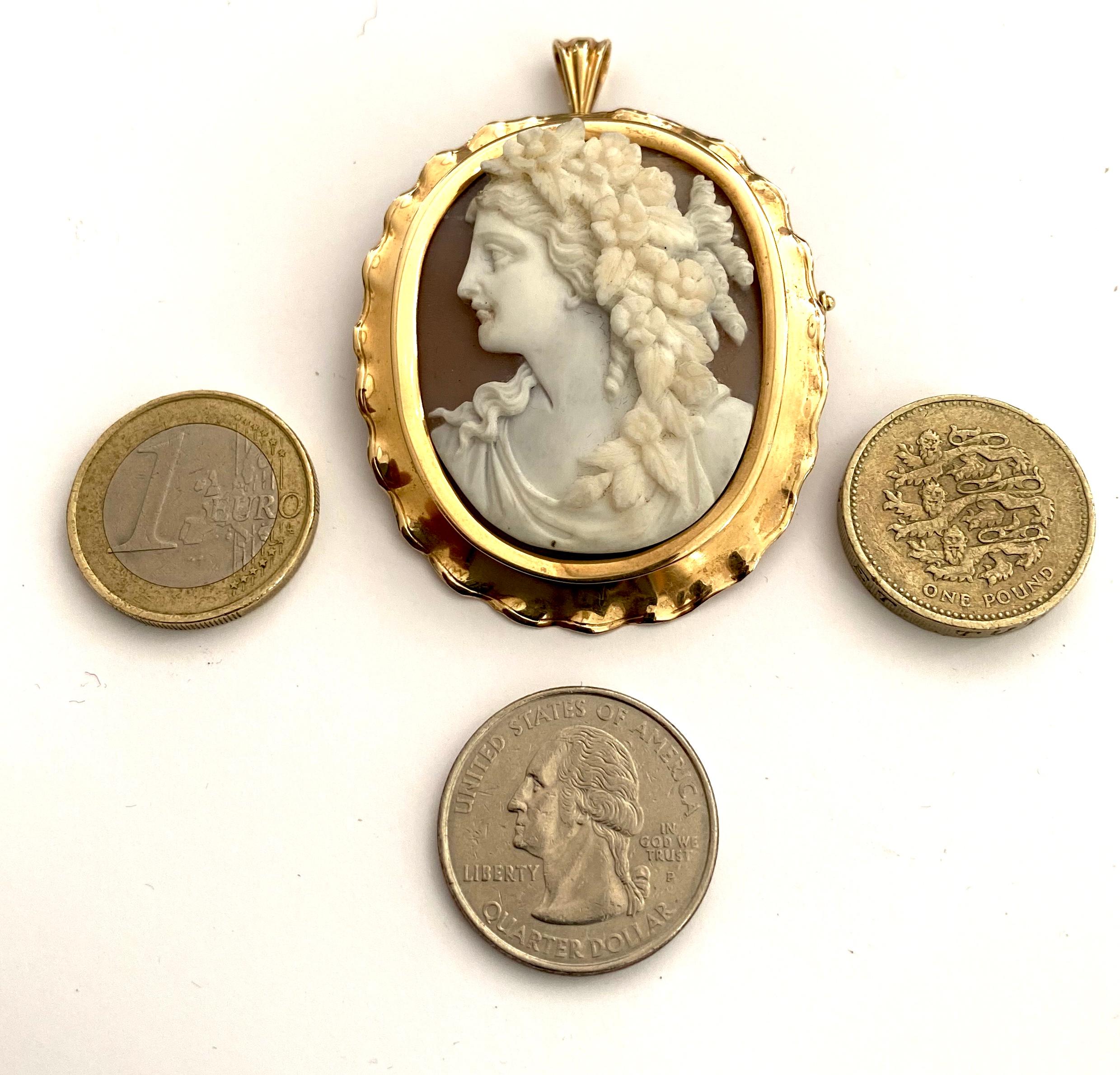 Greek Revival Mother of Pearl Cameo, Gold Pendant Brooch, Germany, circa 1930 For Sale