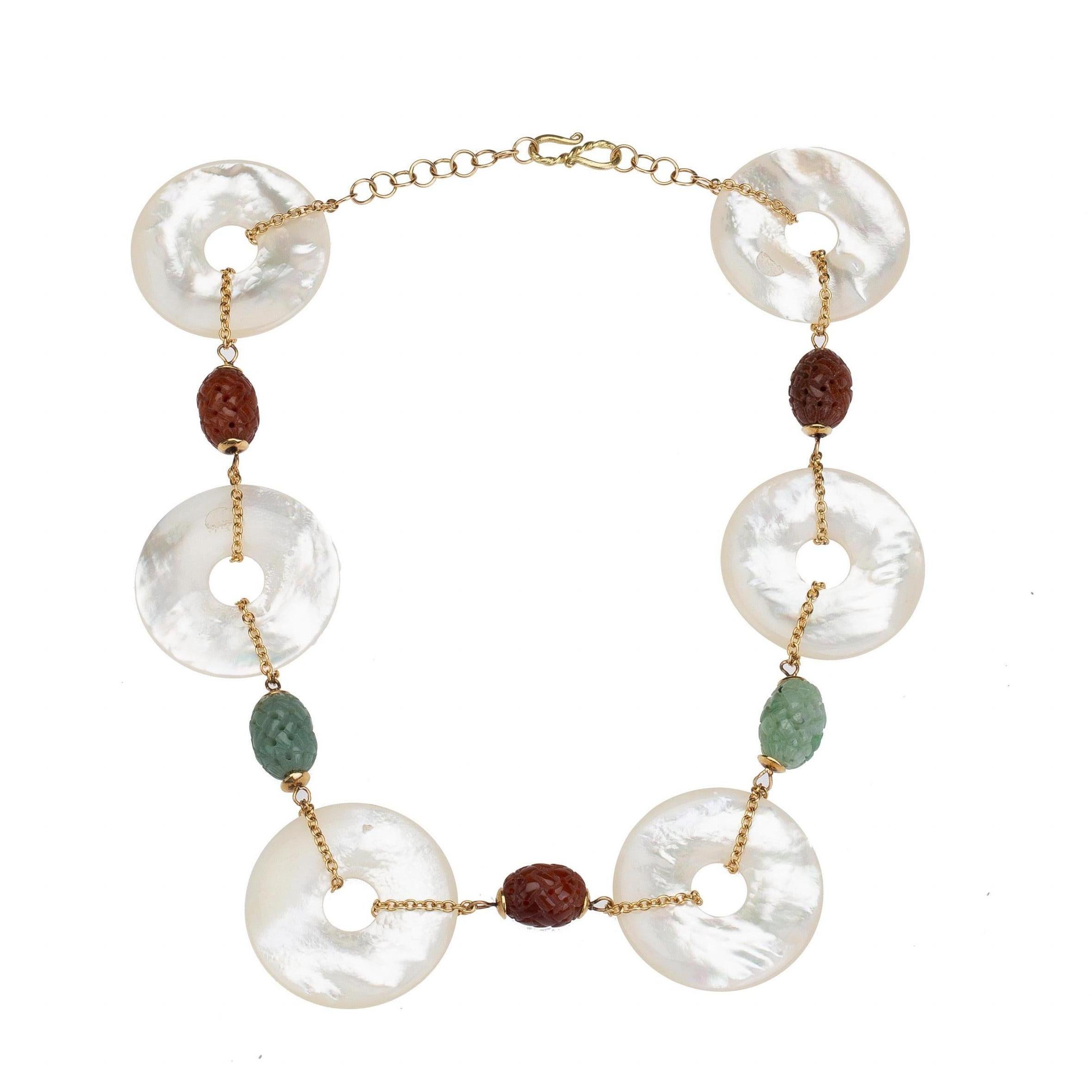 Mother of Pearls BI with carved antiques cinese jade and Carnelian  18kt Gold gr 13,70. Total length 47cm adjustable.
All Giulia Colussi jewelry is new and has never been previously owned or worn. Each item will arrive at your door beautifully gift