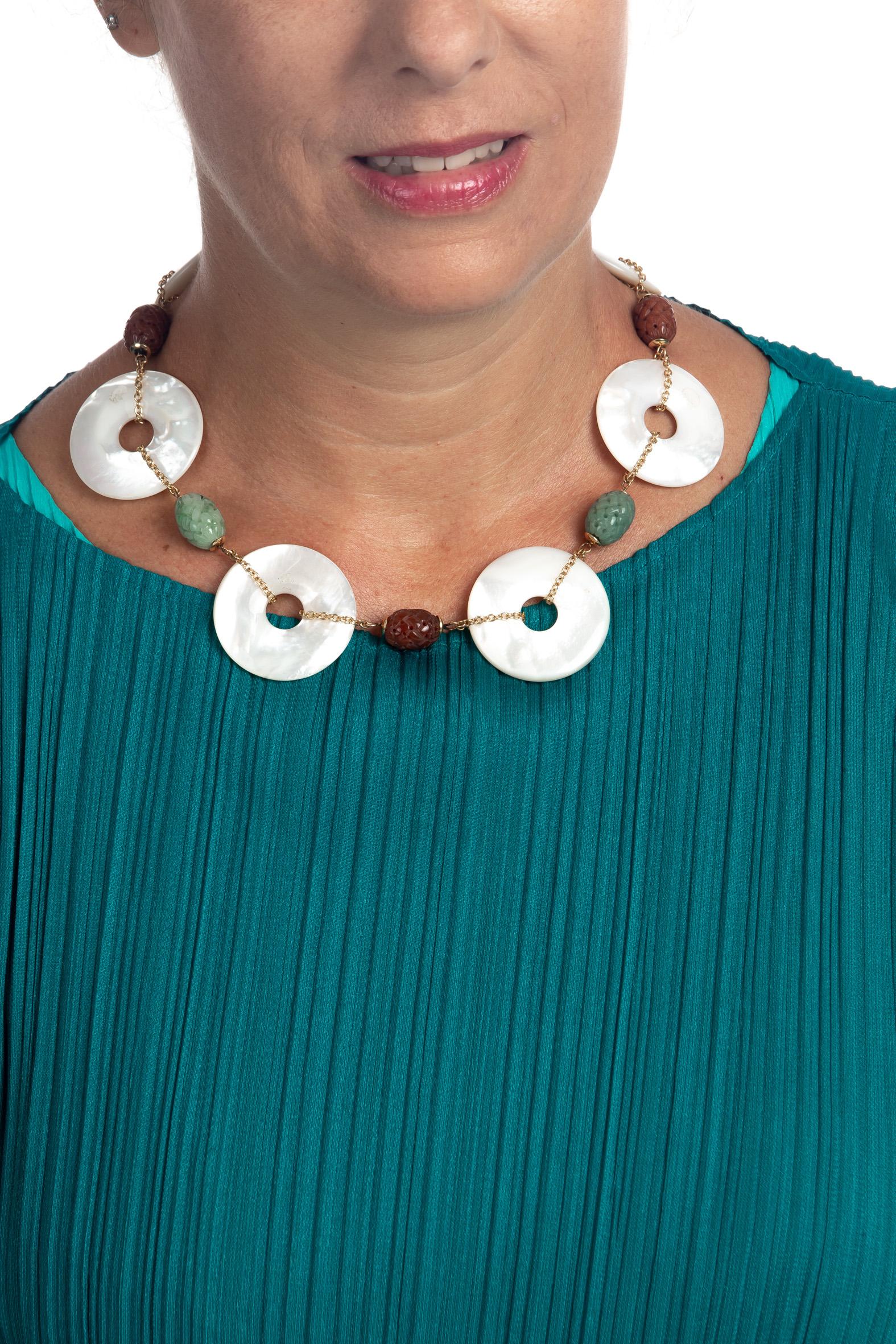 Artist Mother of Pearl Carved Antiques Jade Carnelian 18 Karat Gold Necklace For Sale