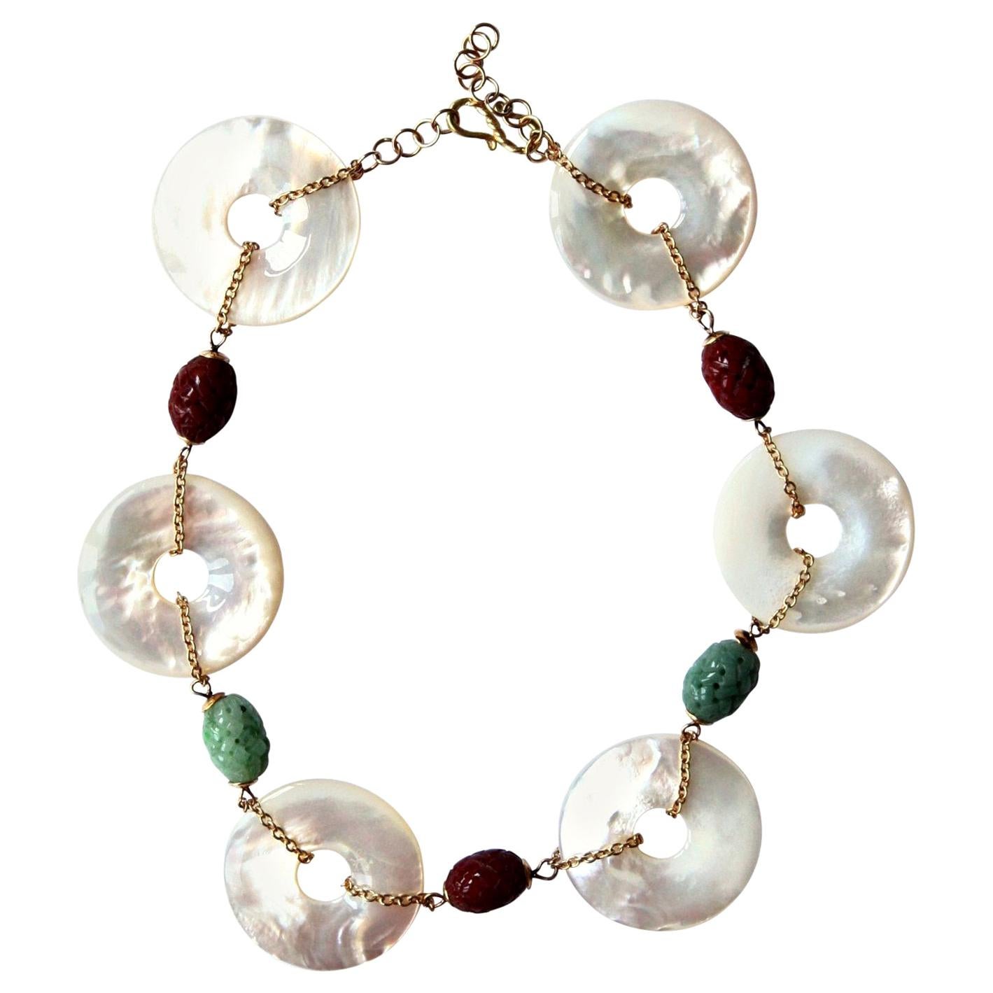 Mother of Pearl Carved Antiques Jade Carnelian 18 Karat Gold Necklace For Sale