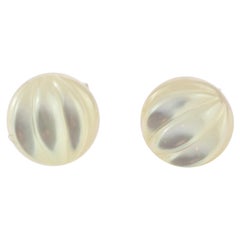 Mother of Pearl Carved Carved Cabochon Gold Plate Handmade Stud Earrings