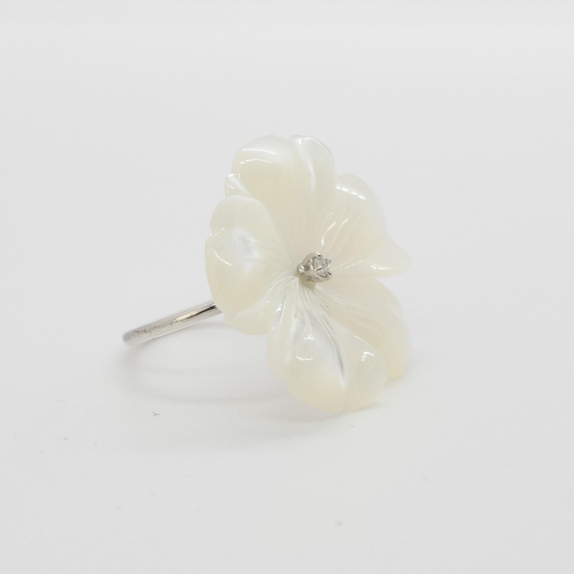 Mother of Pearl Carved Flower Diamond 18 Karat Gold Cocktail Ring Intini Jewels For Sale 1