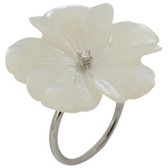 Mother of Pearl Carved Flower Diamond 18 Karat Gold Cocktail Ring Intini Jewels