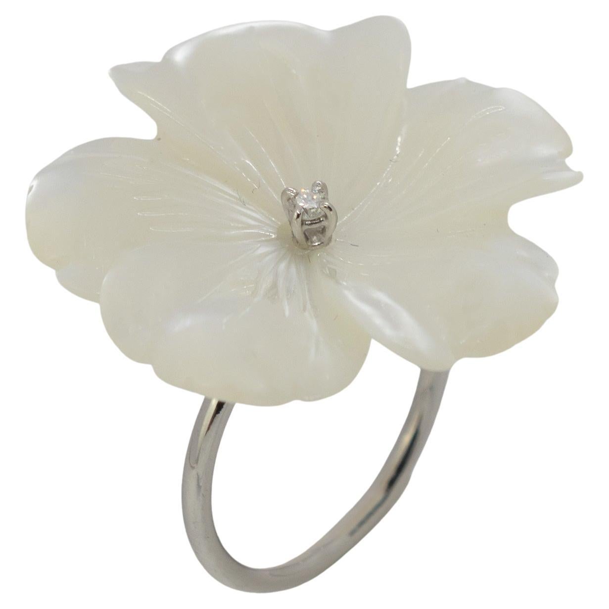Mother of Pearl Carved Flower Diamond 18 Karat Gold Cocktail Ring Intini Jewels For Sale