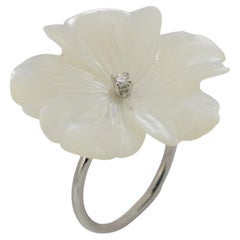 Mother of Pearl Carved Flower Diamond 18 Karat Gold Cocktail Ring Intini Jewels