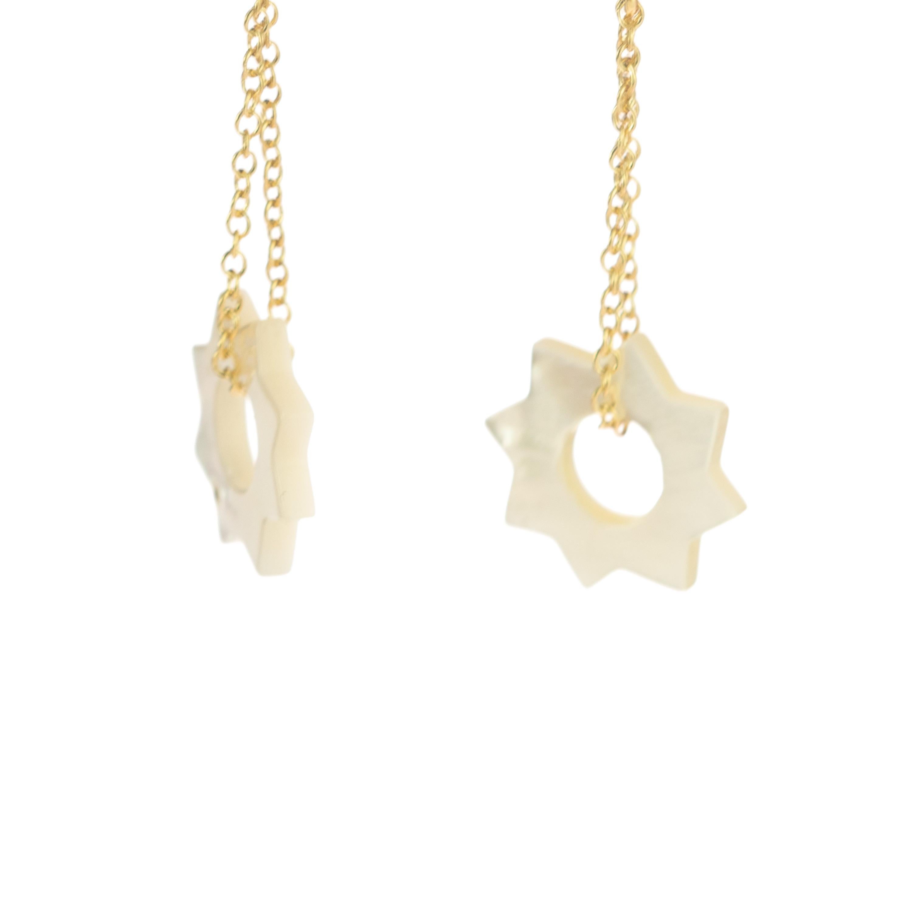 Mother of Pearl Carved Sun 18 Karat Gold Chain Cocktail Drop Dangle Earrings In New Condition For Sale In Milano, IT