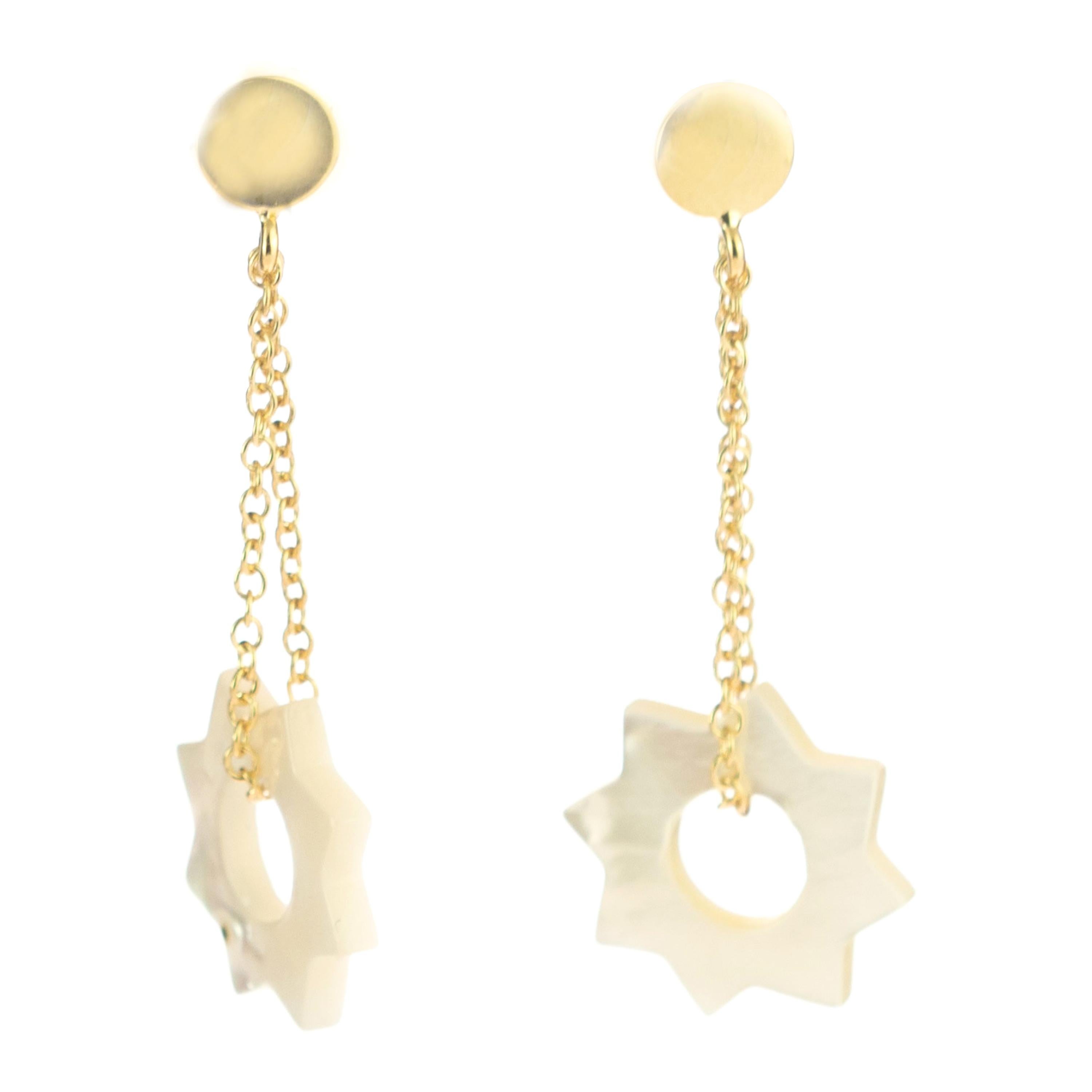 Mother of Pearl Carved Sun 18 Karat Gold Chain Cocktail Drop Dangle Earrings For Sale