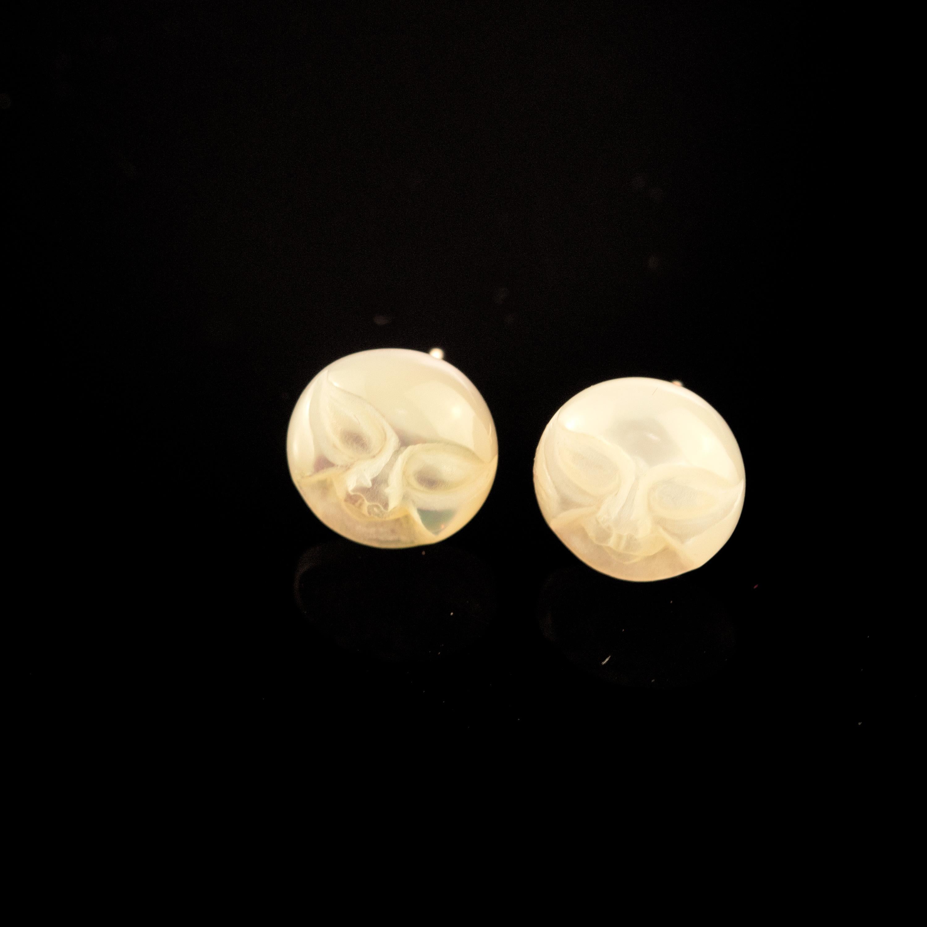 Romantic Mother of Pearl Carved Sun Moon Face Gold Plate Handmade Stud Earrings For Sale