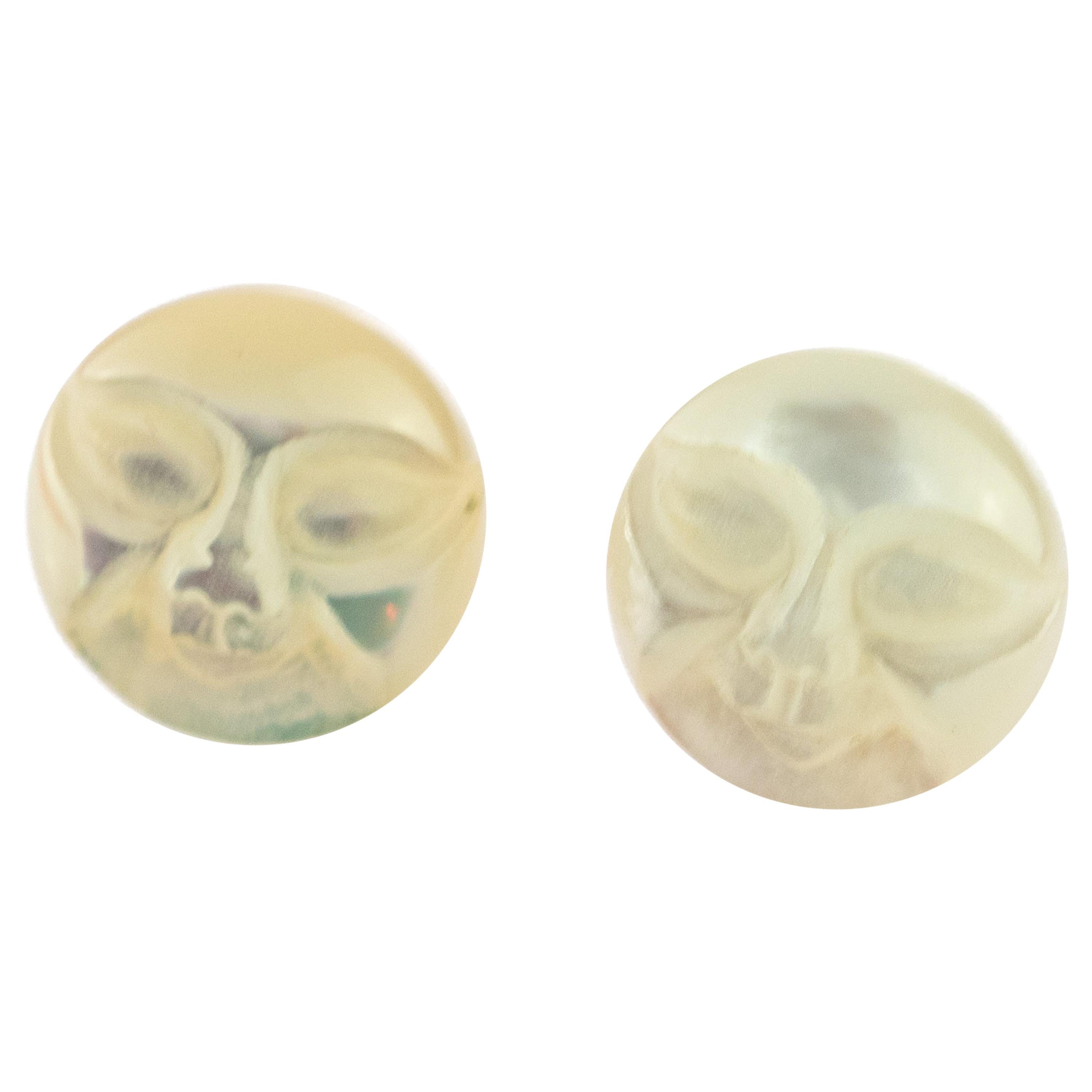 Mother of Pearl Carved Sun Moon Face Gold Plate Handmade Stud Earrings For Sale