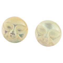 Mother of Pearl Carved Sun Moon Face Gold Plate Handmade Stud Earrings