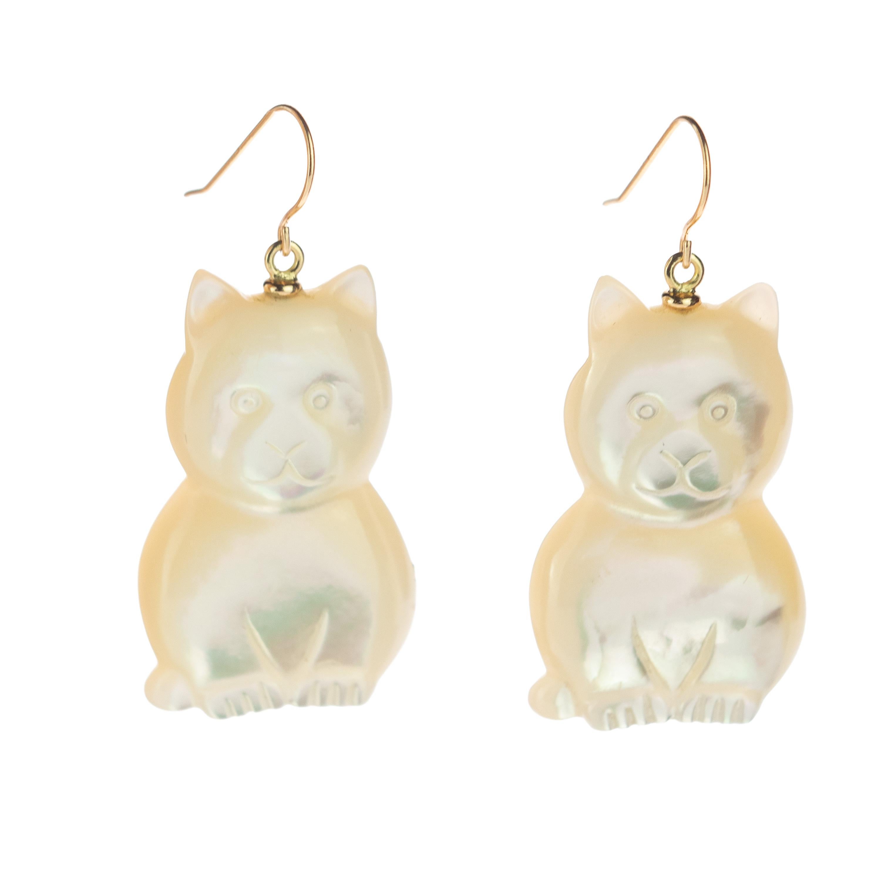 Art Nouveau Mother of Pearl Cat Feline Bear 18 Karat Gold Handmade Animal Drop Chic Earrings For Sale