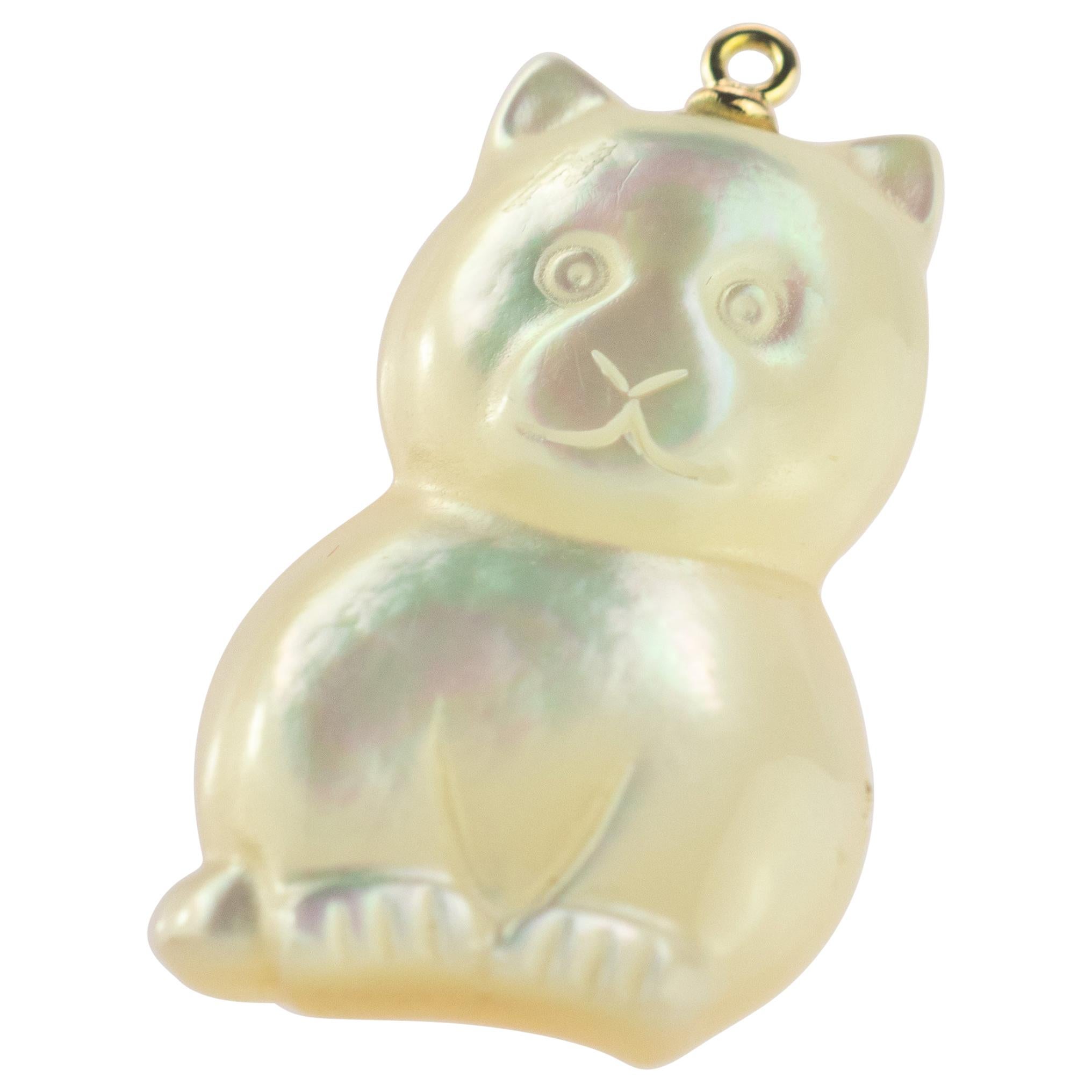Mother of Pearl Cat Feline Bear 18 Karat Gold Handmade Animal Pendant Necklace For Sale