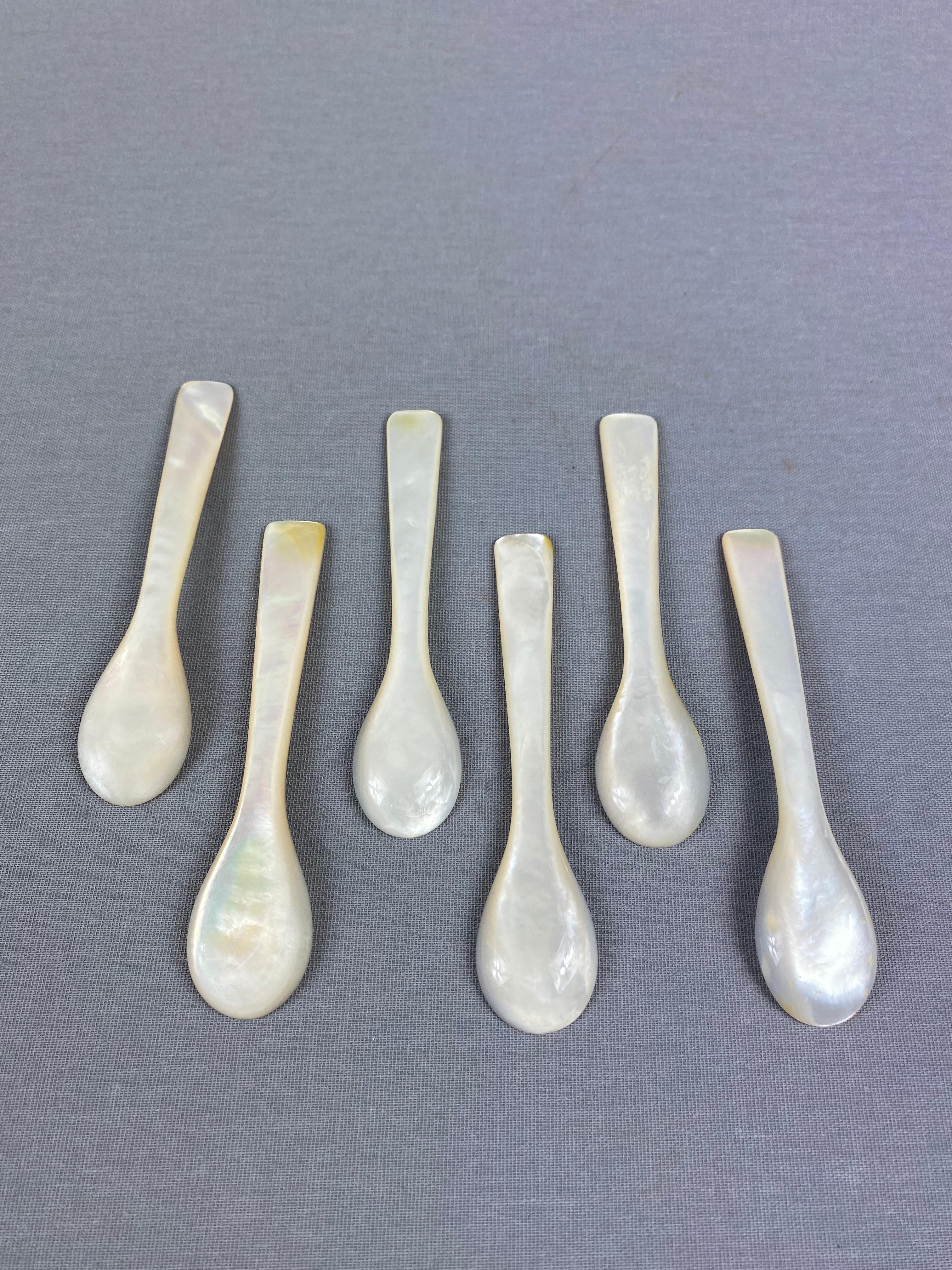 Mid-Century Modern Mother of Pearl Caviar Spoons and Butter Knifes and Serving Cup Holder Shells