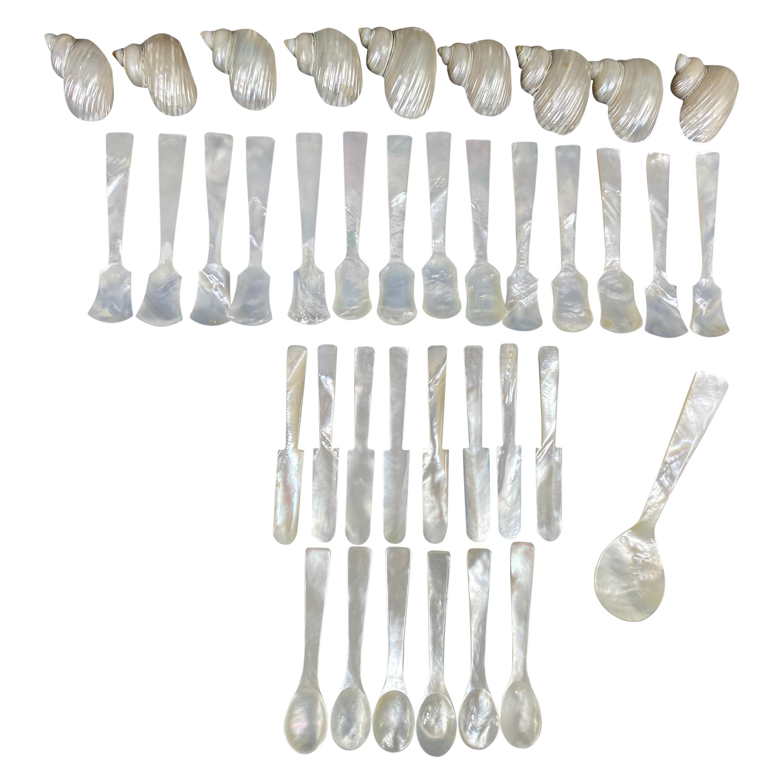 Mother of Pearl Caviar Spoons and Butter Knifes and Serving Cup Holder Shells