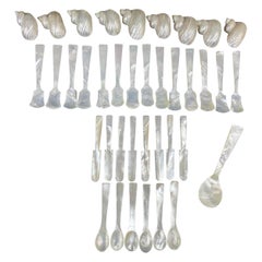 Mother of Pearl Caviar Spoons and Butter Knifes and Serving Cup Holder Shells