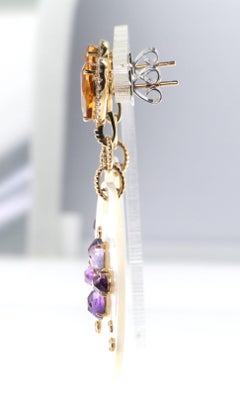 Vintage Mother of Pearl Citrine Amethyst Diamond Dangle Earring in 14k Gold