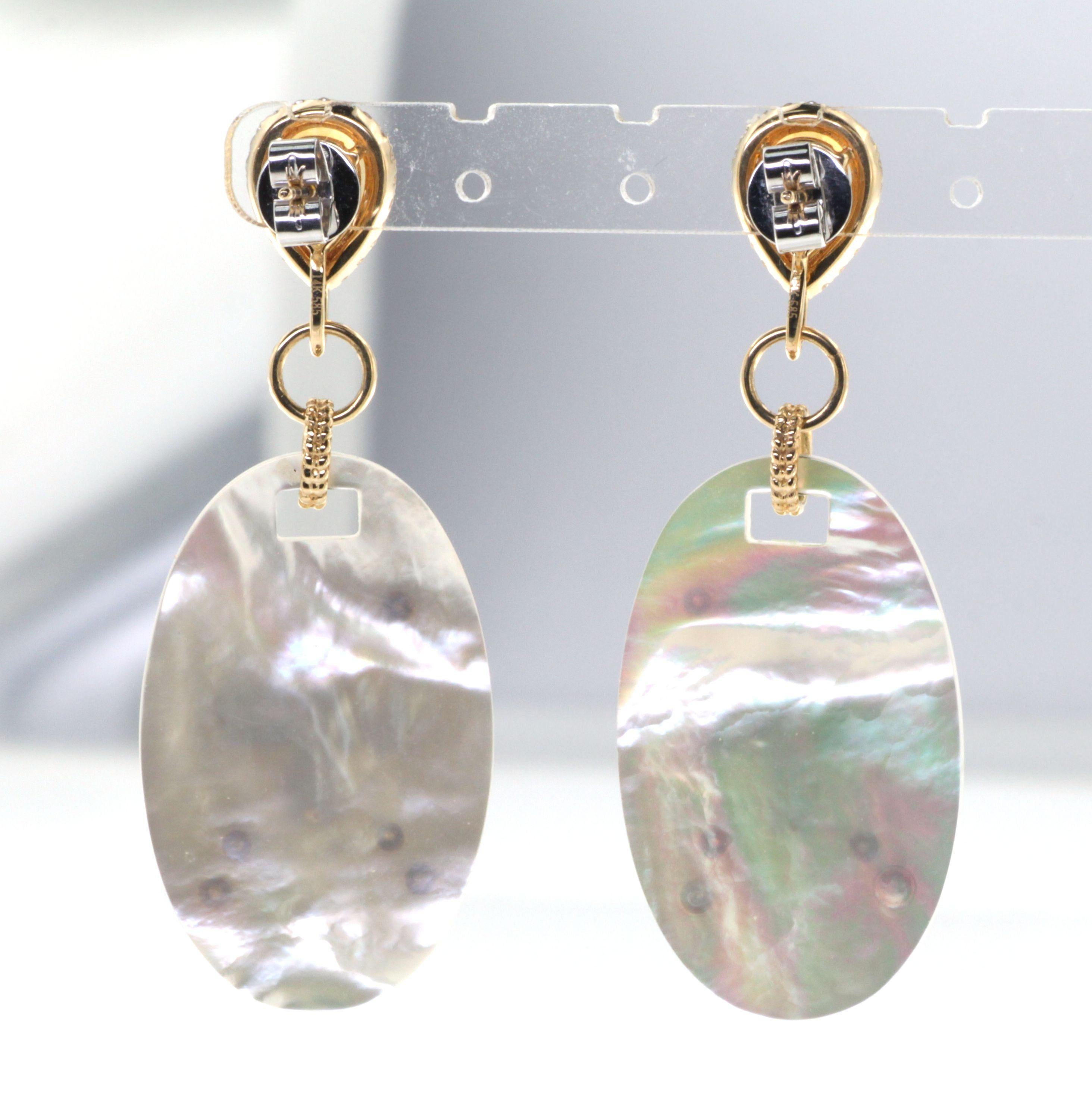 Modernist Mother of Pearl Citrine Amethyst Diamond Dangle Earring in 14K Yellow Gold For Sale