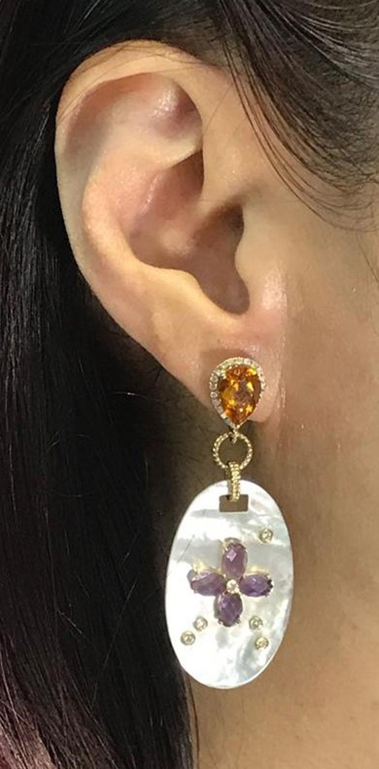 Oval Cut Mother of Pearl Citrine Amethyst Diamond Dangle Earring in 14K Yellow Gold For Sale