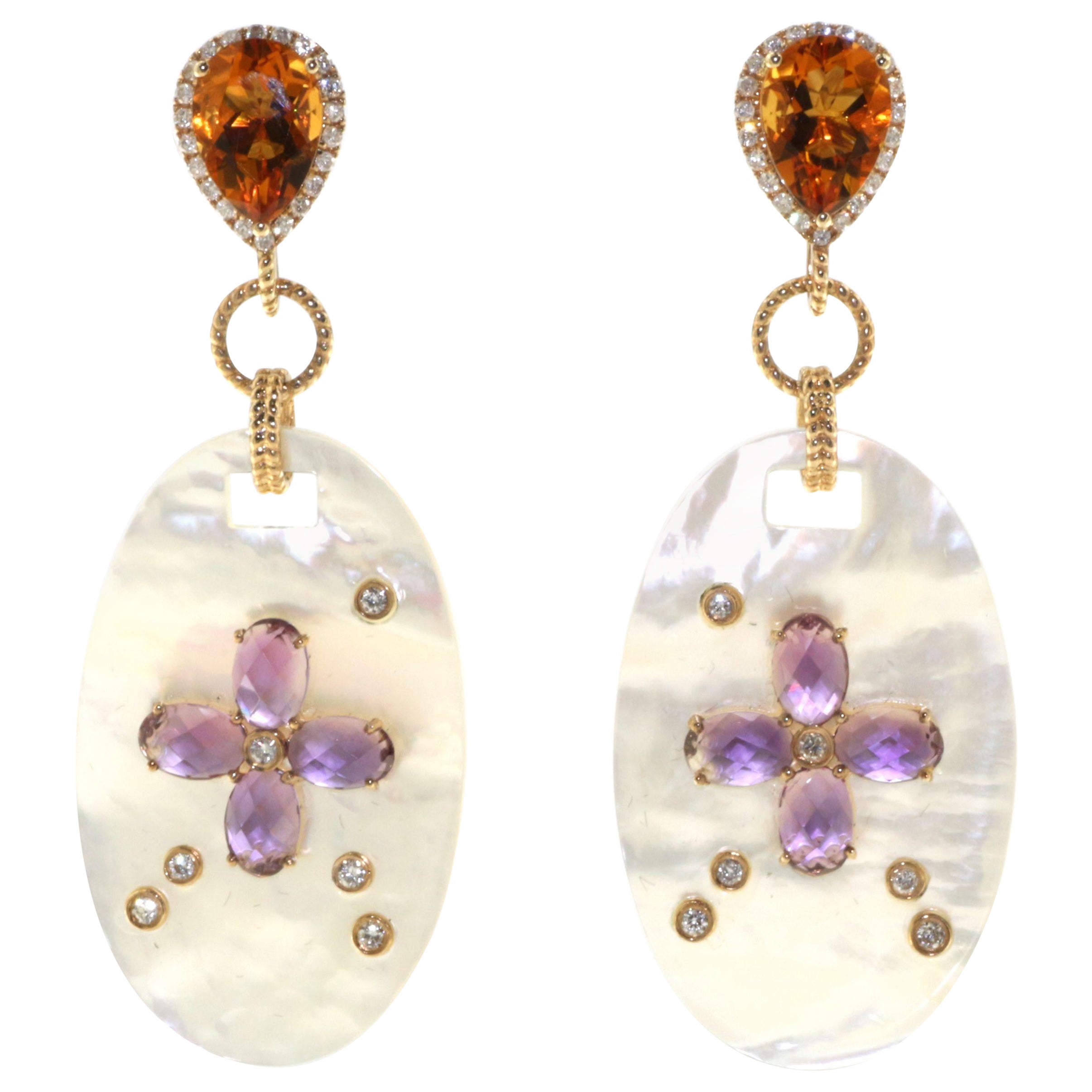 Mother of Pearl Citrine Amethyst Diamond Dangle Earring in 14K Yellow Gold For Sale