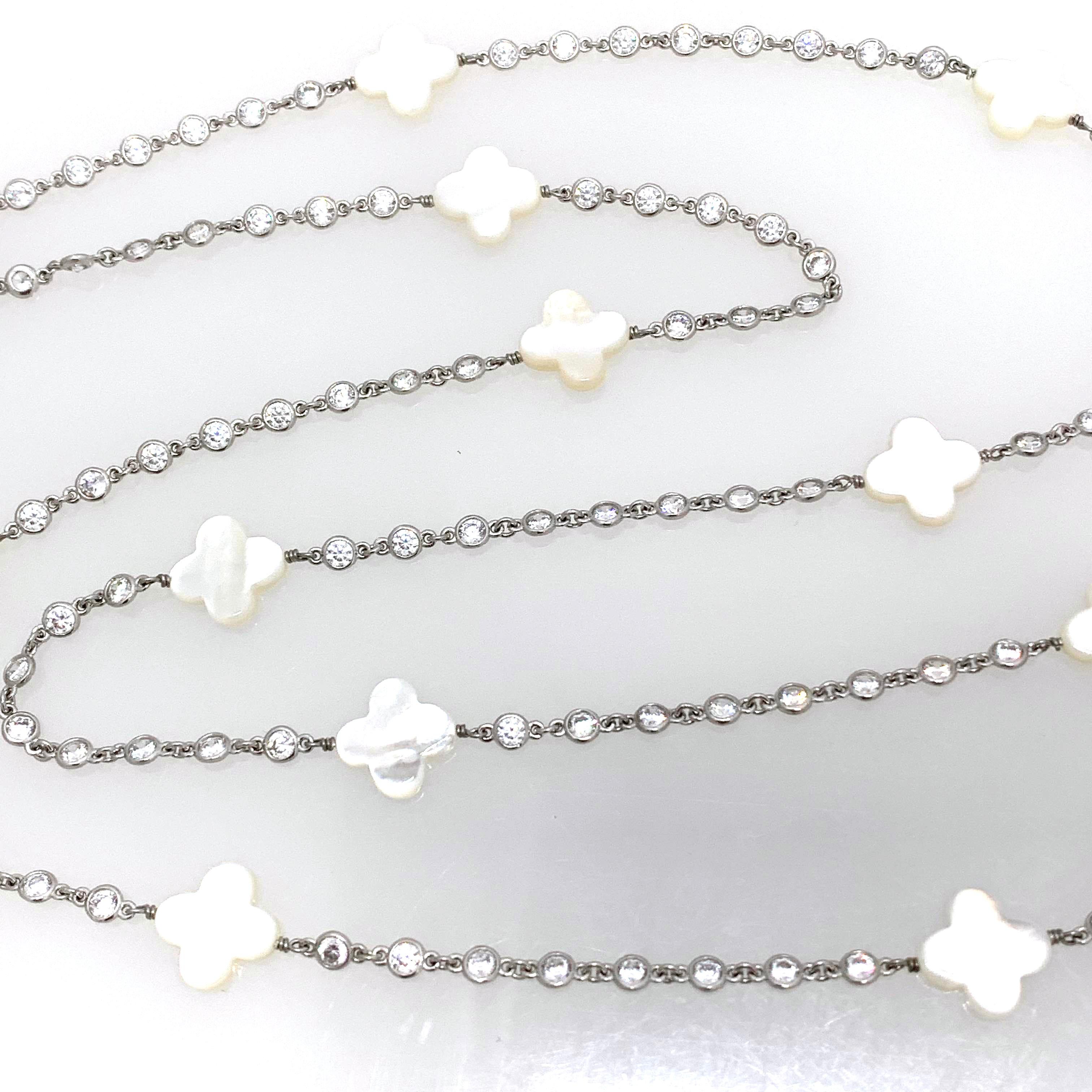 Women's Mother of Pearl Clover Sterling Silver Long Station Necklace