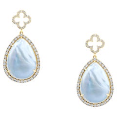 Mother of Pearl Clover Cognac Silver White Diamonds Halo Drop 14k Gold Earrings