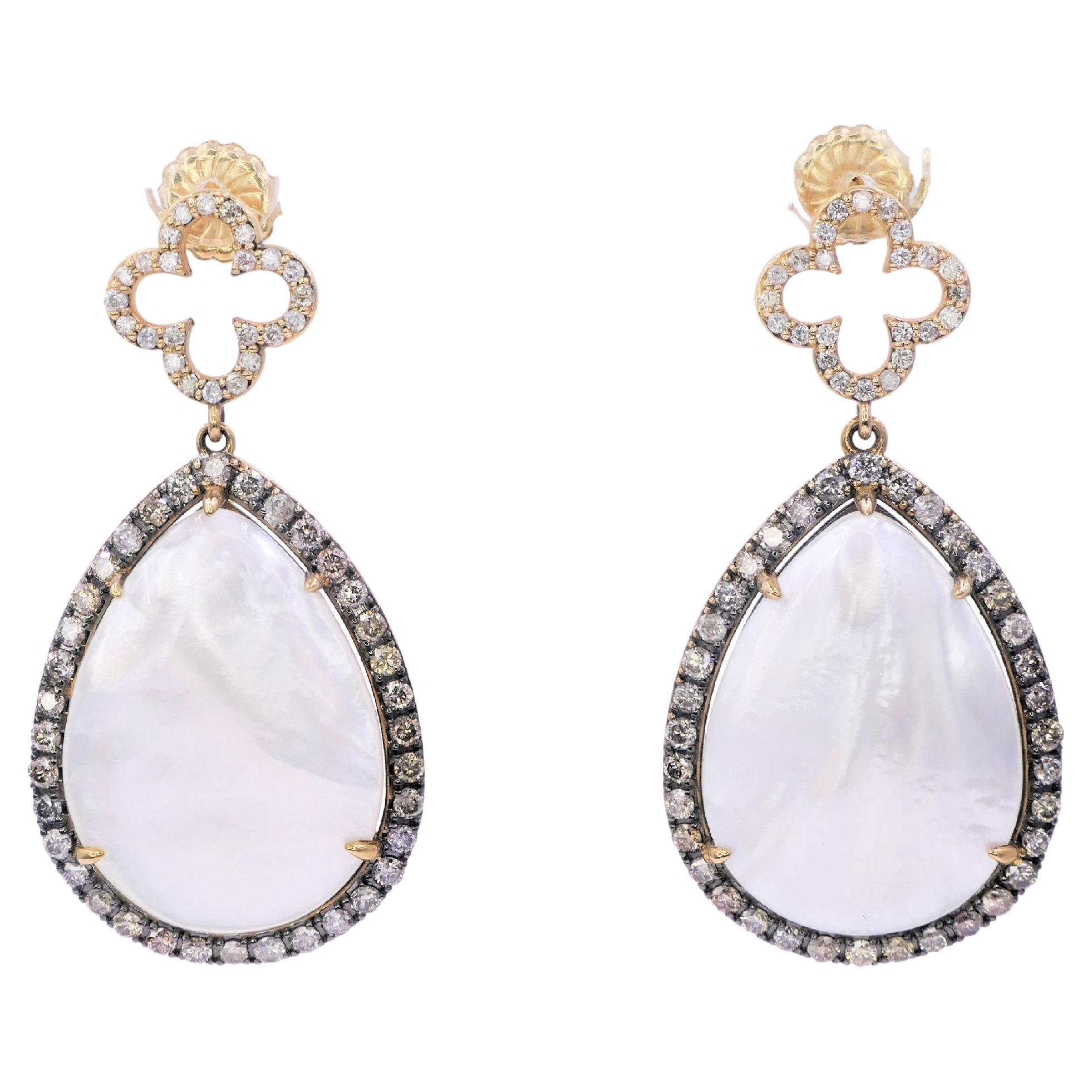 Mother of Pearl Clover Cognac Silver White Diamonds Halo Drop 14k Gold Earrings For Sale