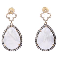 Mother of Pearl Clover Cognac Silver White Diamonds Halo Drop 14k Gold Earrings