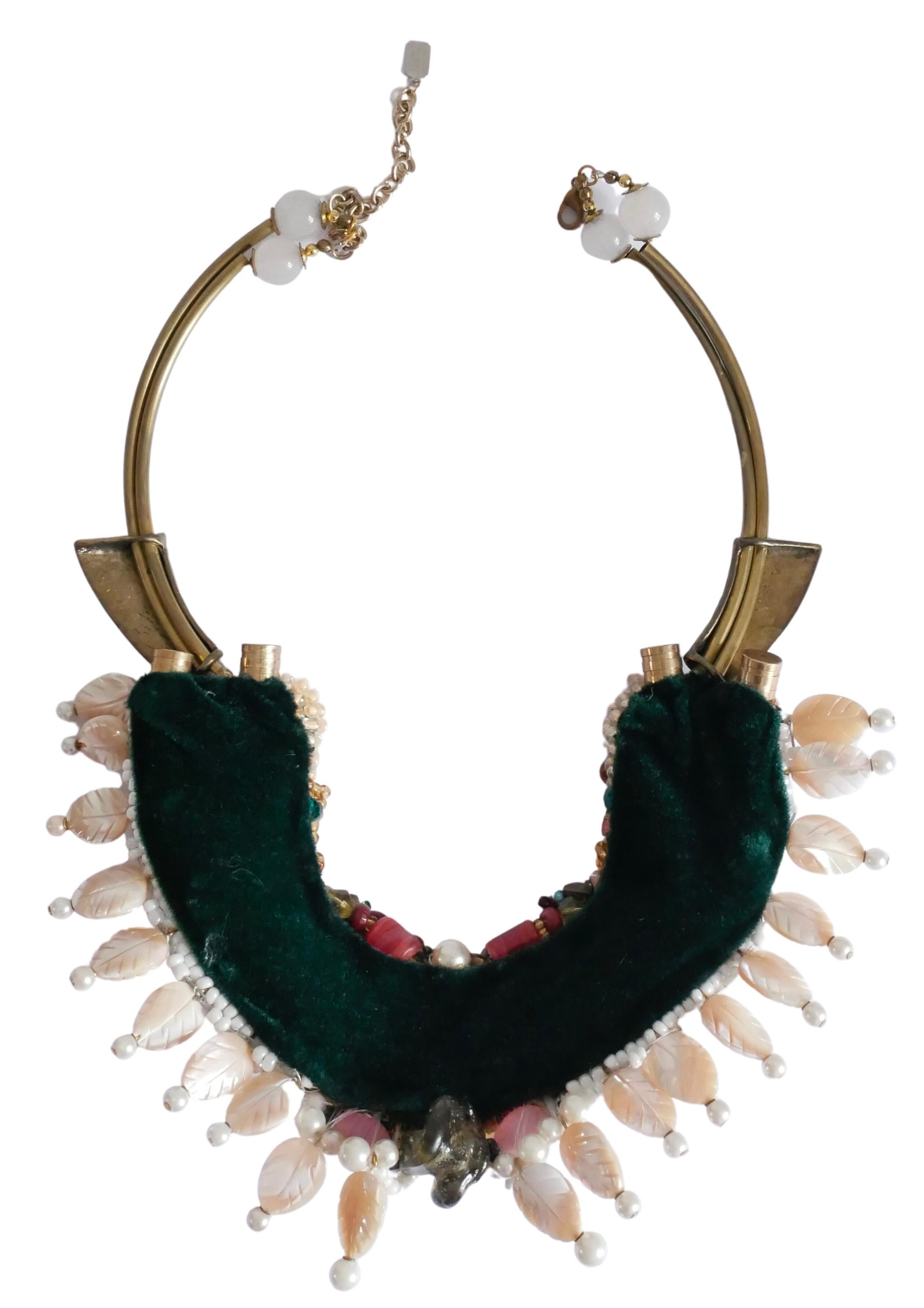 Mixed Cut Mother of Pearl, Crystal Gemstone and Beaded Statement Collar and Bib Necklace For Sale