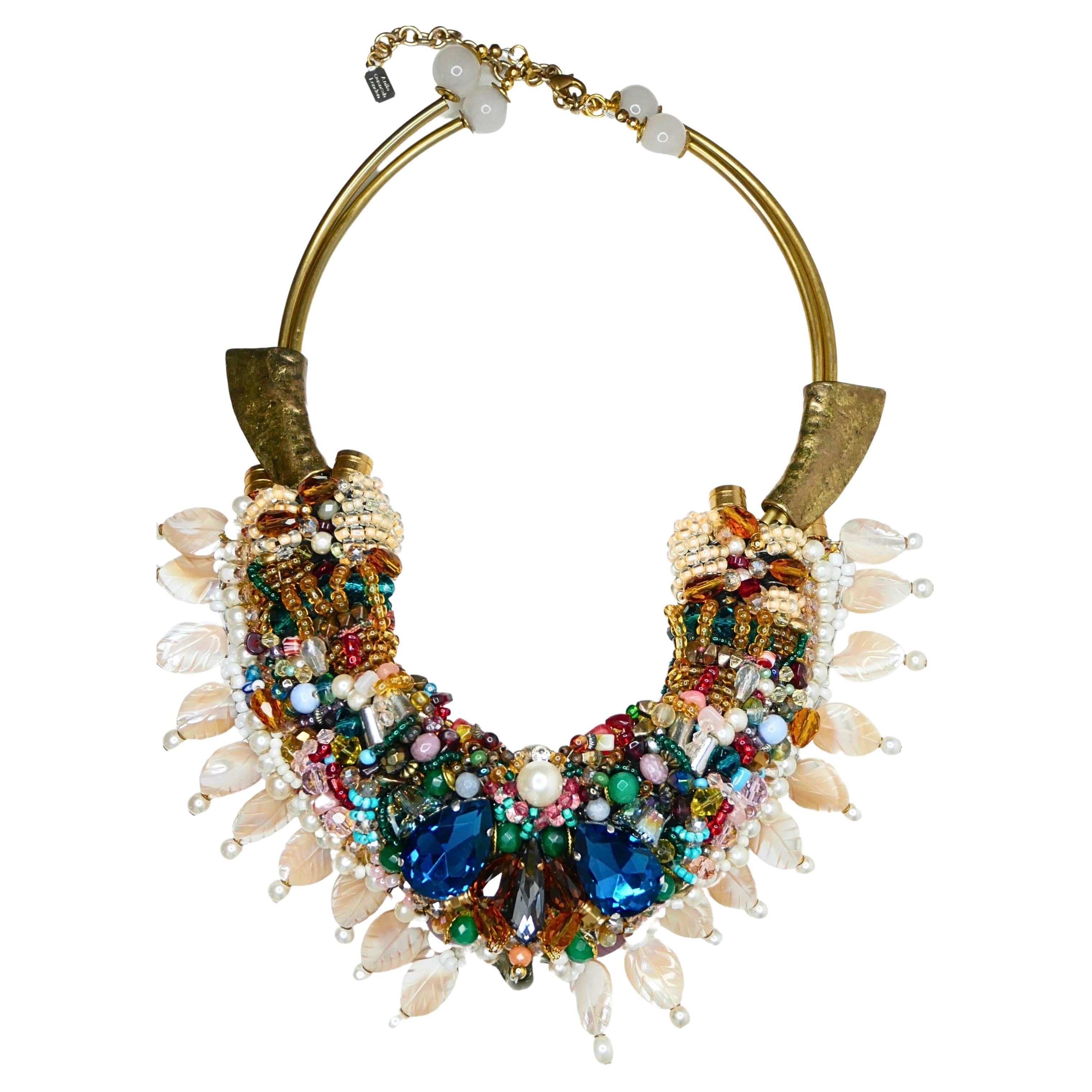 Mother of Pearl, Crystal Gemstone and Beaded Statement Collar and Bib Necklace For Sale