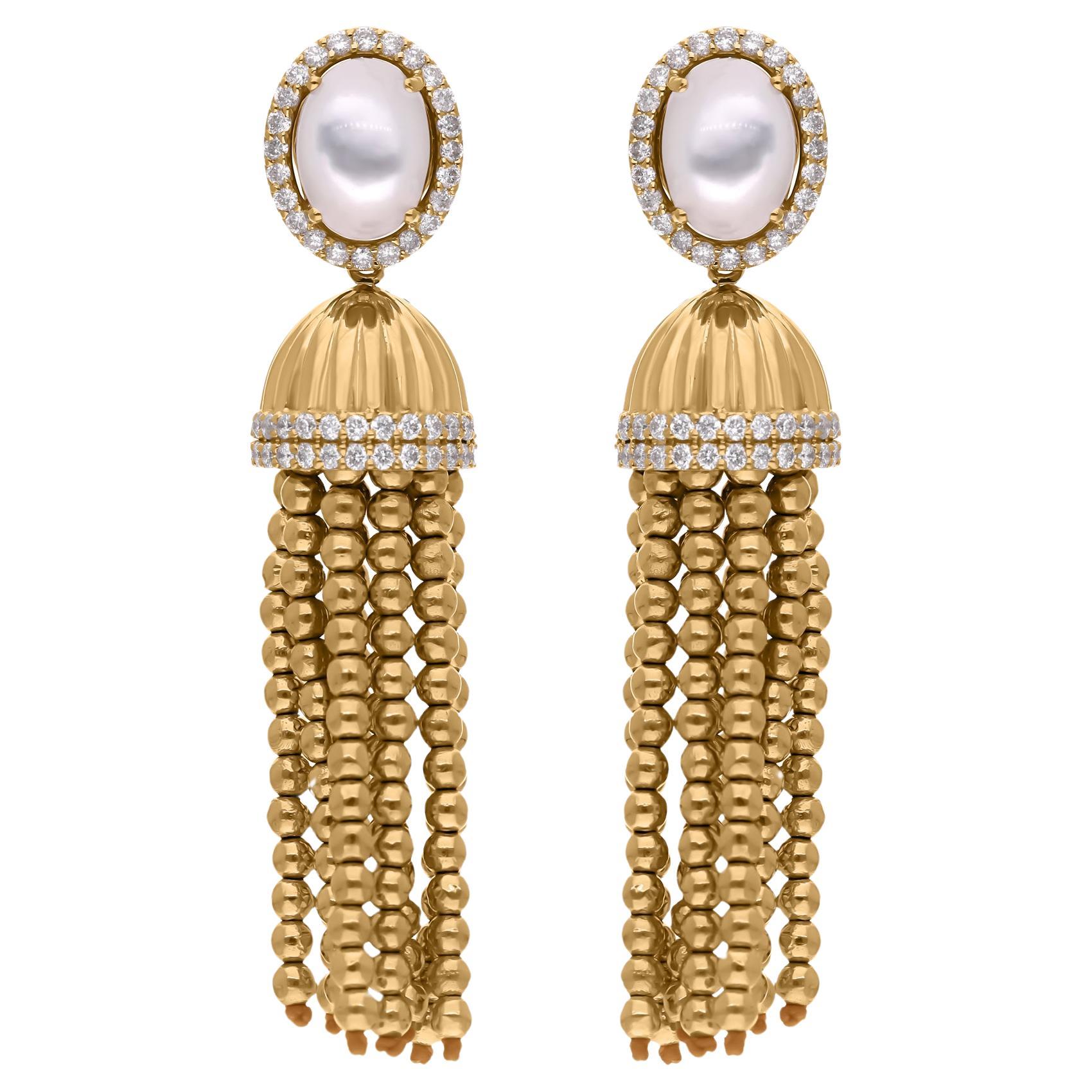 Mother of Pearl Dangle Earrings Diamond 14 Karat Yellow Gold Bead Ball Jewelry
