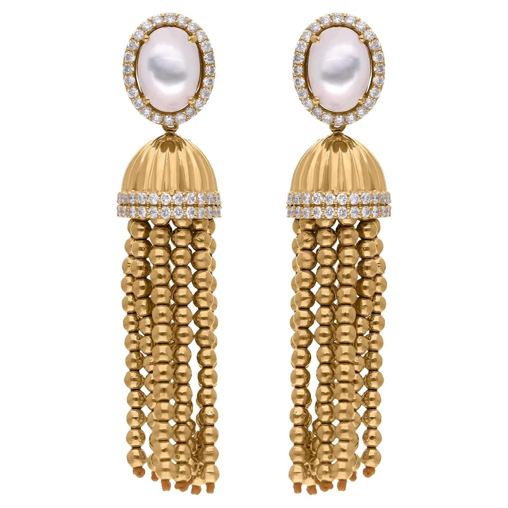 Mother of Pearl Dangle Earrings Diamond 18 Karat Yellow Gold Bead Ball Jewelry