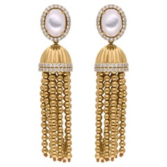 Mother of Pearl Dangle Earrings Diamond 18 Karat Yellow Gold Bead Ball Jewelry
