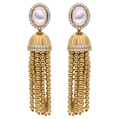 Mother of Pearl Dangle Earrings Diamond 18 Karat Yellow Gold Bead Ball Jewelry