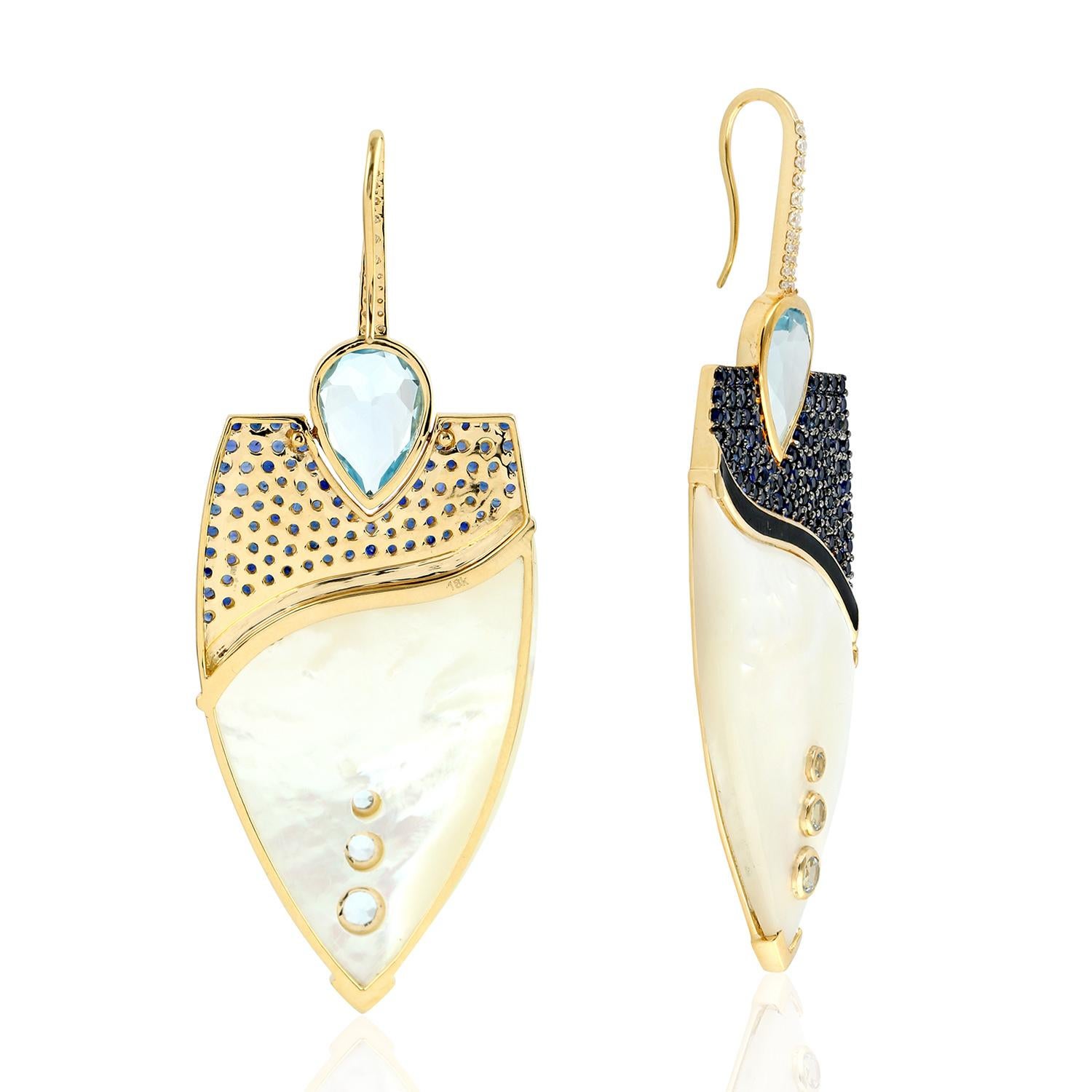 Art Deco Mother of Pearl Dangle Earrings With Pave Blue Sapphire & Topaz For Sale