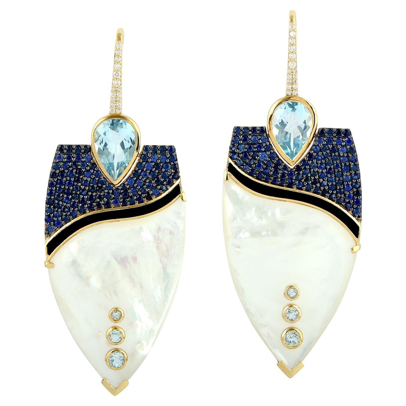 Mother of Pearl Dangle Earrings With Pave Blue Sapphire & Topaz