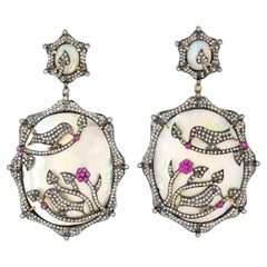 Retro Mother of Pearl Dangle Earrings With Rubies and Diamonds 49 Carats