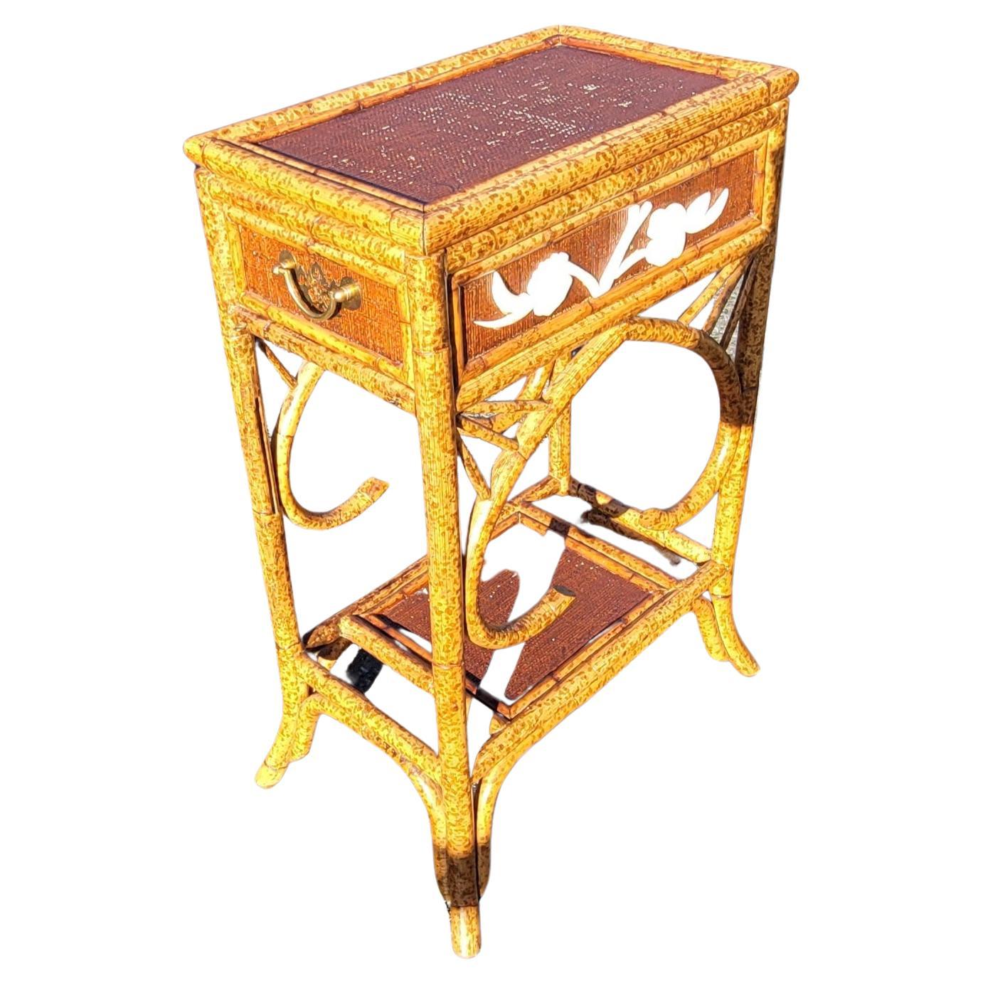 Hong Kong Mother-of-Pearl Decorated Rattan Flip Top Side Table Cabinet For Sale