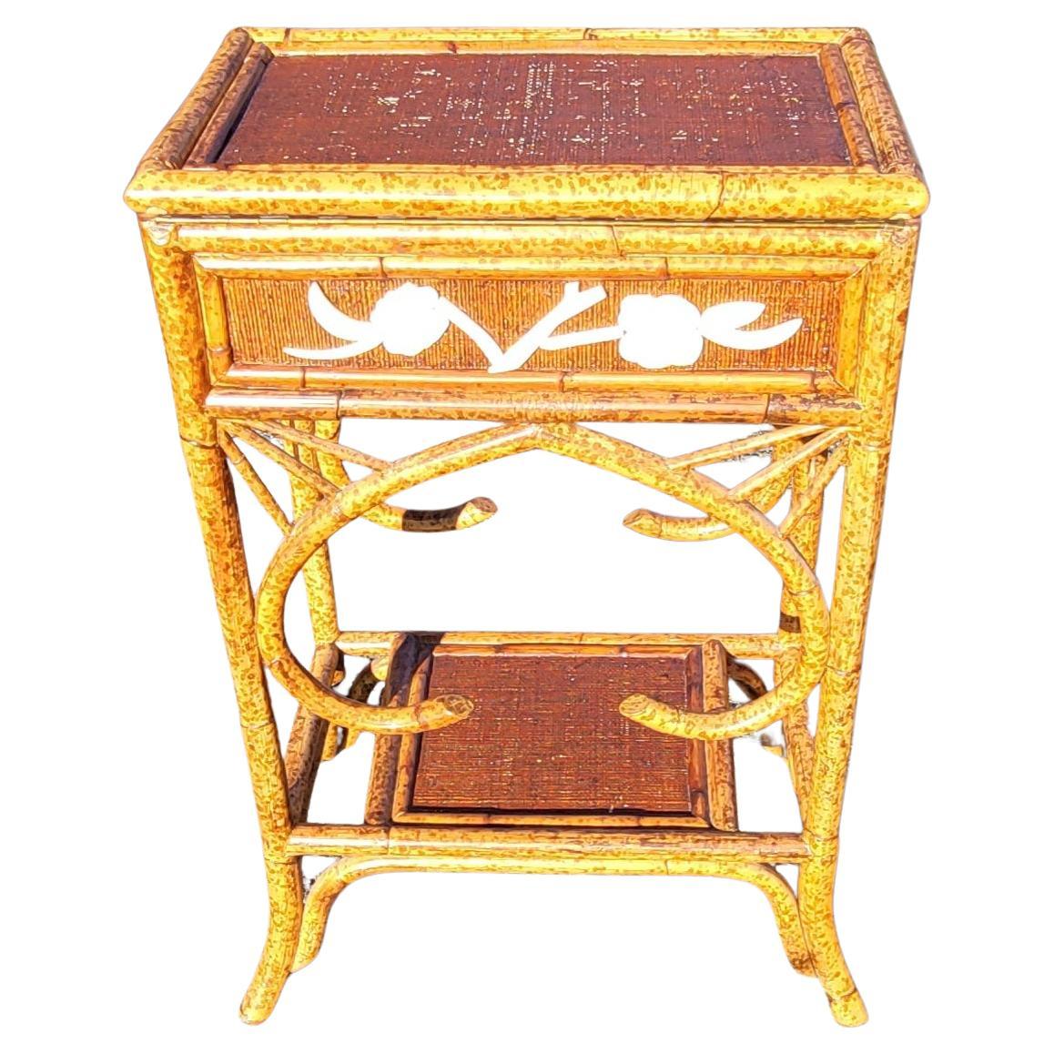 Hand-Crafted Mother-of-Pearl Decorated Rattan Flip Top Side Table Cabinet For Sale