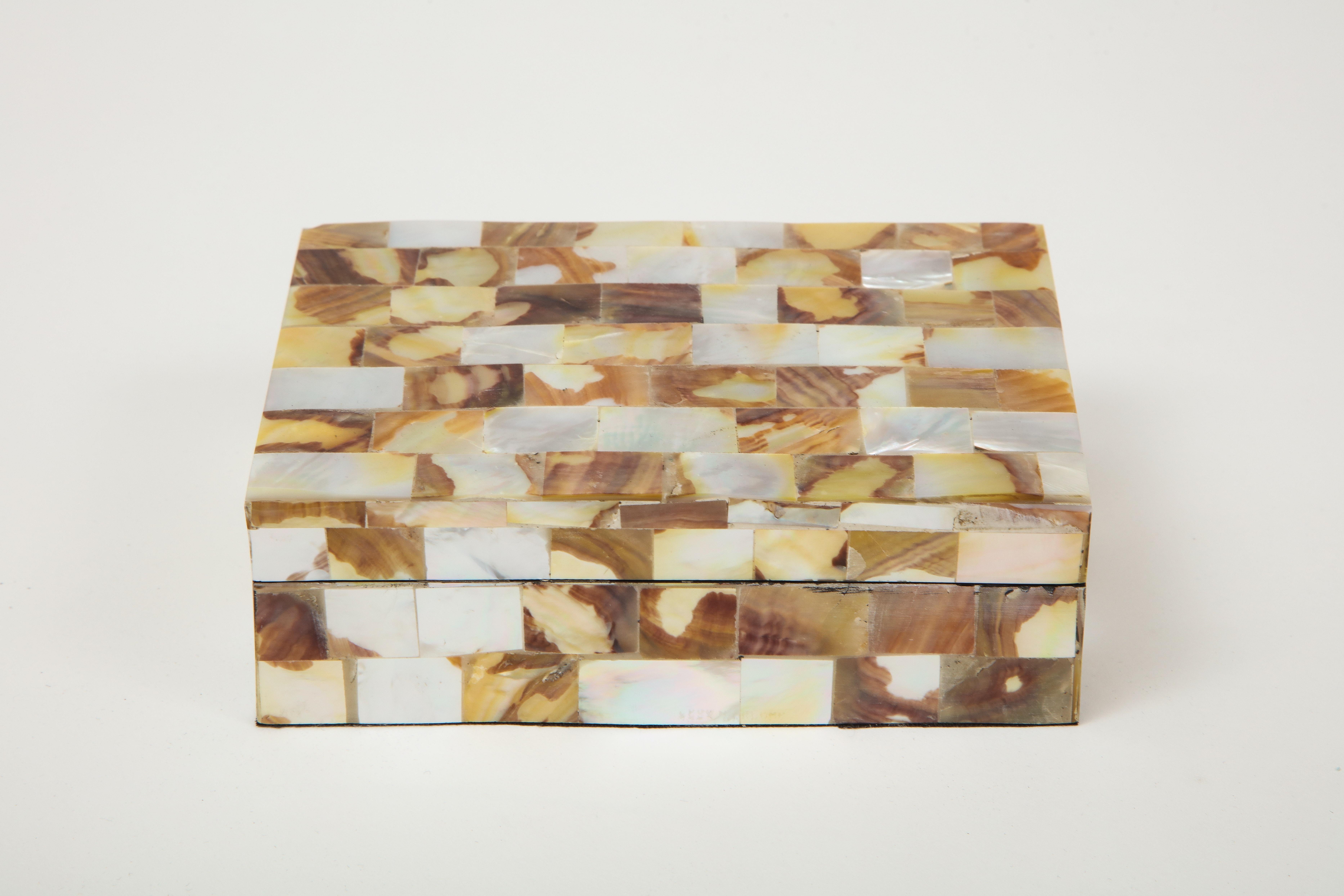 Decorative box with hand inlaid mother of pearl shell rectangular tiles.