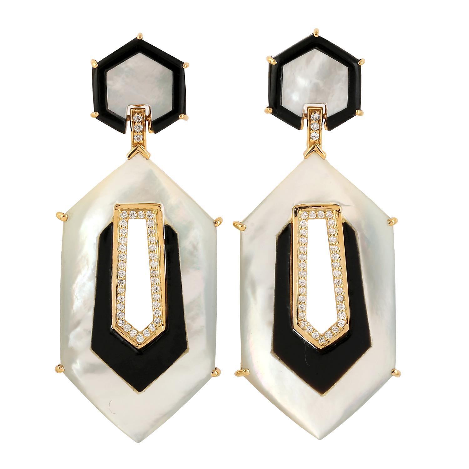 Art Deco Mother of Pearl Diamond 14 Karat Gold Door Knocker Earrings For Sale