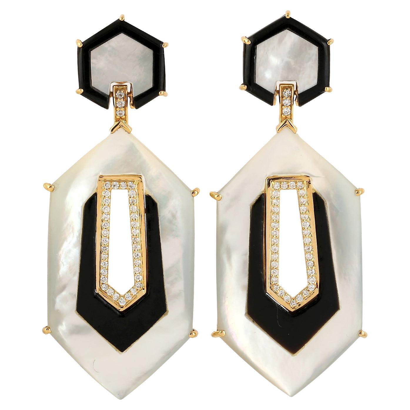 Mother of Pearl Diamond 14 Karat Gold Door Knocker Earrings For Sale