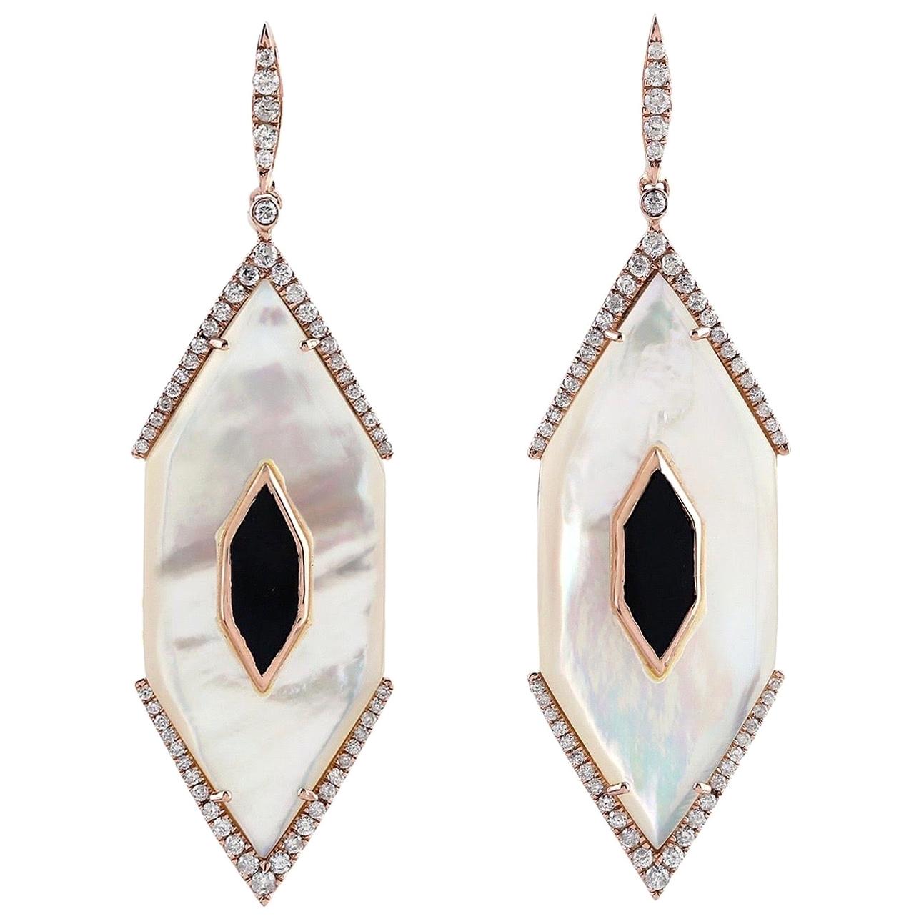 Pearl Diamond 18 Karat Gold Hexagon Earrings For Sale