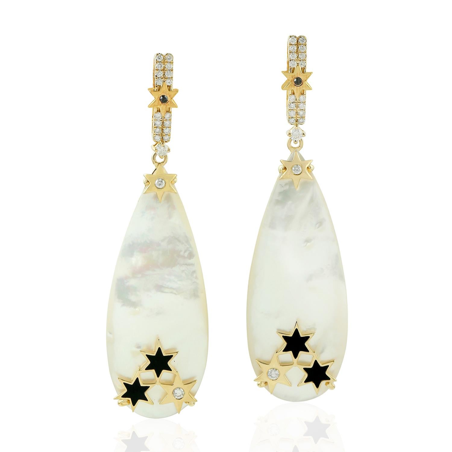 Pear Cut Pearl Diamond 18 Karat Gold Star Earrings For Sale