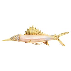 Mother-of-Pearl Diamond 18k Yellow Gold Marlin Fish Brooch