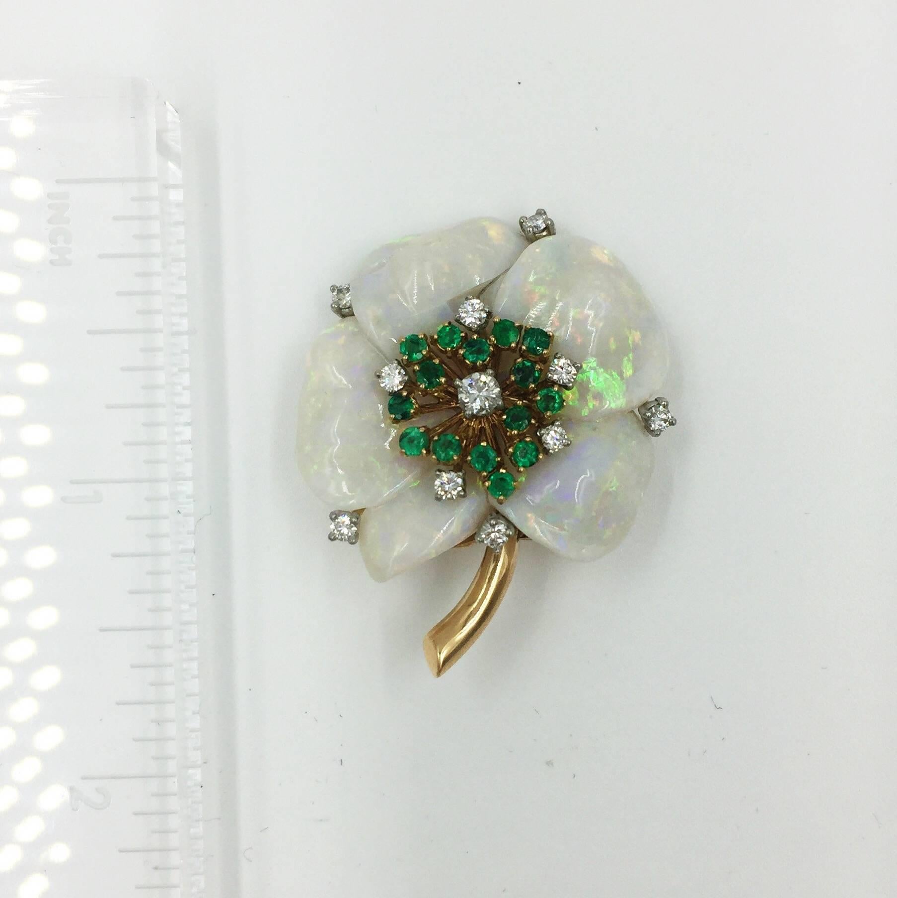 Retro Mother-of-Pearl Diamond and Emerald Vintage Brooch