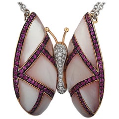 Mother of Pearl, Diamond and Pink Sapphire Butterfly Necklace