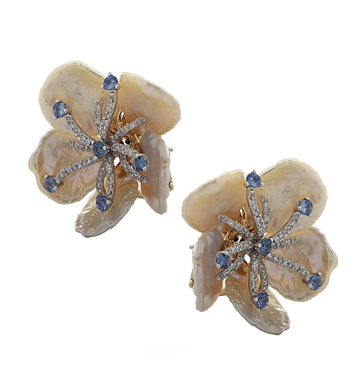 Modern Mother of Pearl, Diamond and Sapphire Earrings
