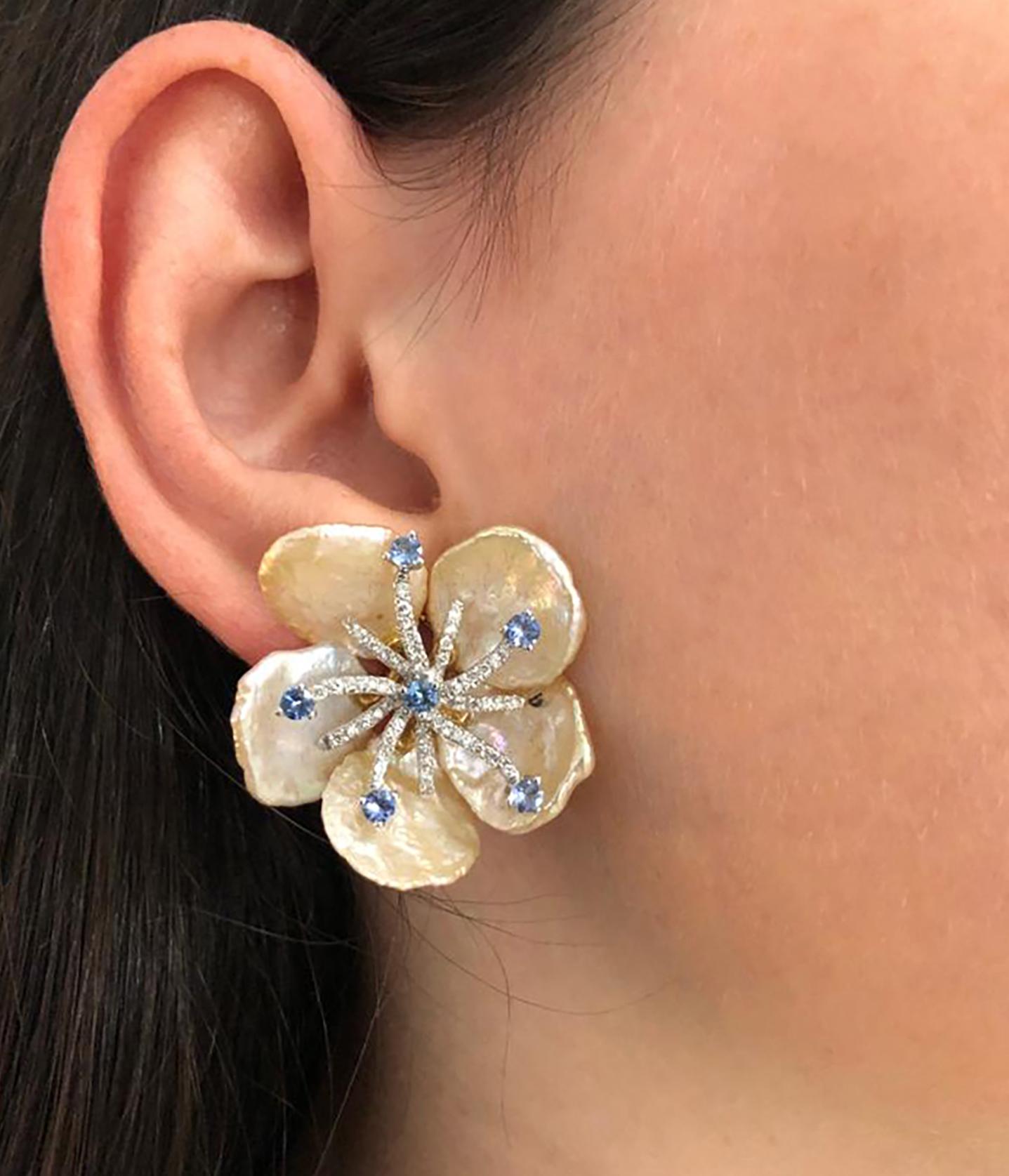 Round Cut Mother of Pearl, Diamond and Sapphire Earrings