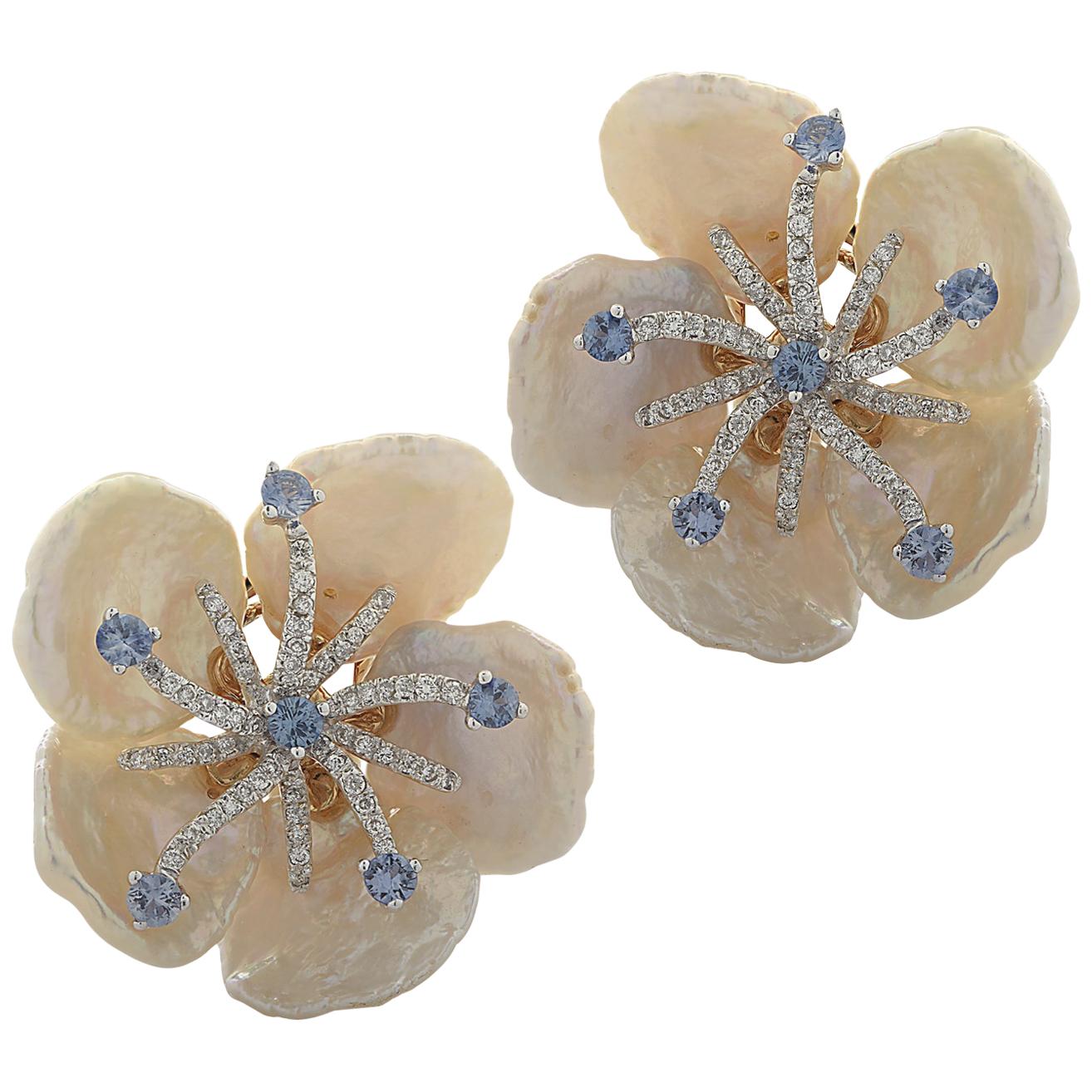 Mother of Pearl, Diamond and Sapphire Earrings